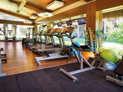 Fitness centrum s různými cvičebními stroji a velkými okny s výhledem na zahradu