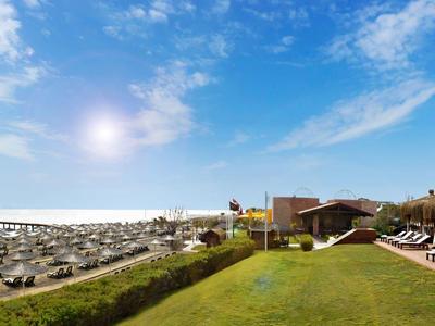 Strand met parasols en ligstoelen naast een groen gazon onder een blauwe lucht.