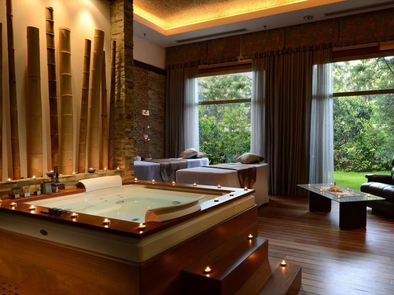 Luxe spa met bubbelbad, massagetafel en comfortabele zithoek bij grote ramen.