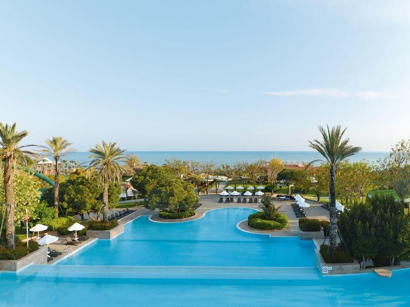 Groot zwembad met ligstoelen, palmbomen en uitzicht op zee op een zonnige dag.