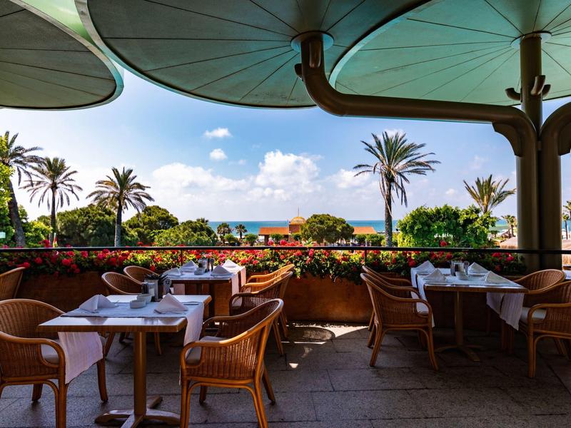 Overdekt terras met tafels en stoelen, uitzicht op palmbomen en blauwe lucht.