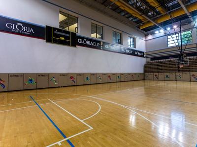 Große Halle mit Holzboden, Basketballkorb und Fensterreihen, geeignet für Sport und Veranstaltungen.