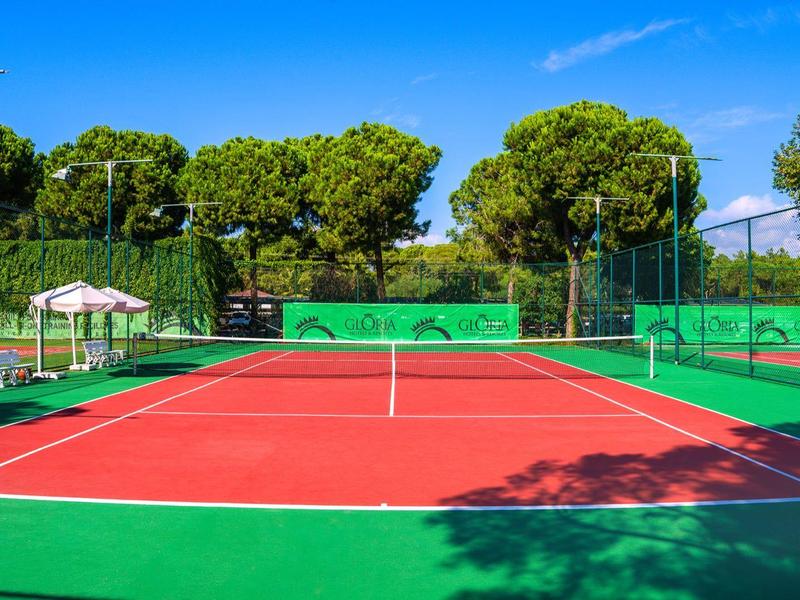 Czerwono-zielony kort tenisowy pod niebieskim niebem z drzewami w tle.