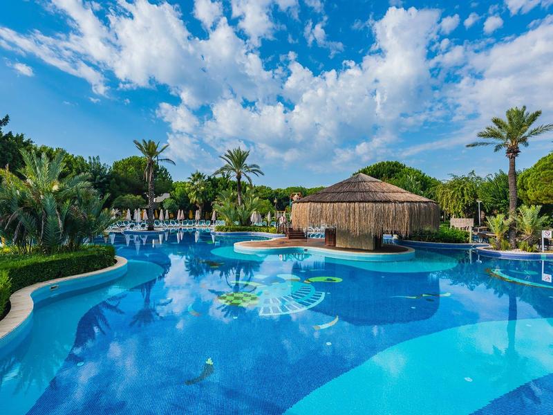 Duży basen na zewnątrz z barem swim-up i palmami pod niebieskim niebem.