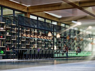 Intérieur d'hôtel moderne avec bar en verre élégant et étagères remplies de bouteilles