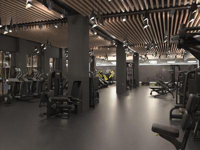 Salle de sport moderne avec équipements d'entraînement et intérieur sombre et élégant.