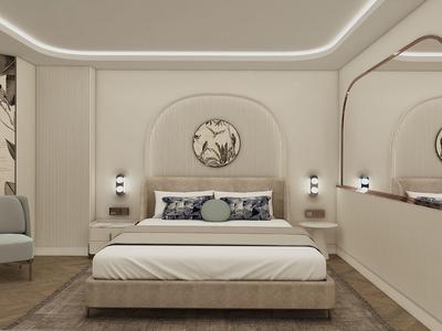 Modern hotelkamer met groot bed, ronde spiegels en minimalistische verlichting