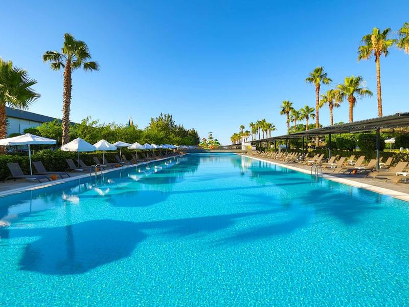 Piscina exterior amplia con tumbonas y palmeras bajo un cielo azul despejado en un resort.