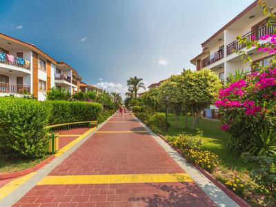 Breiter, gepflasterter Weg zwischen Wohnhäusern mit grünen Büschen und violetten Blumen.