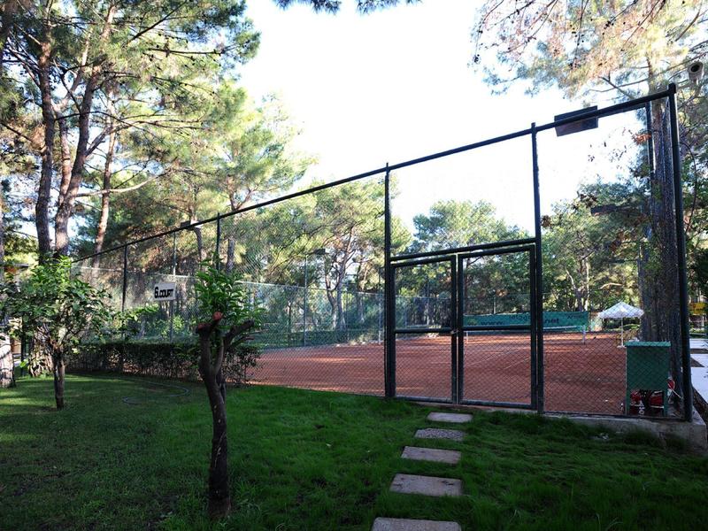 Tennisplatz mit rotem Sand, umgeben von grünem Rasen und Bäumen, eingezäunt mit schwarzem Netz.