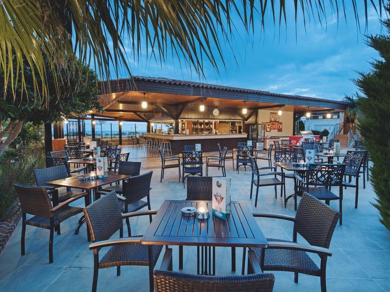 Buitenbar met tafels, stoelen en een bar onder palmbomen bij schemering.