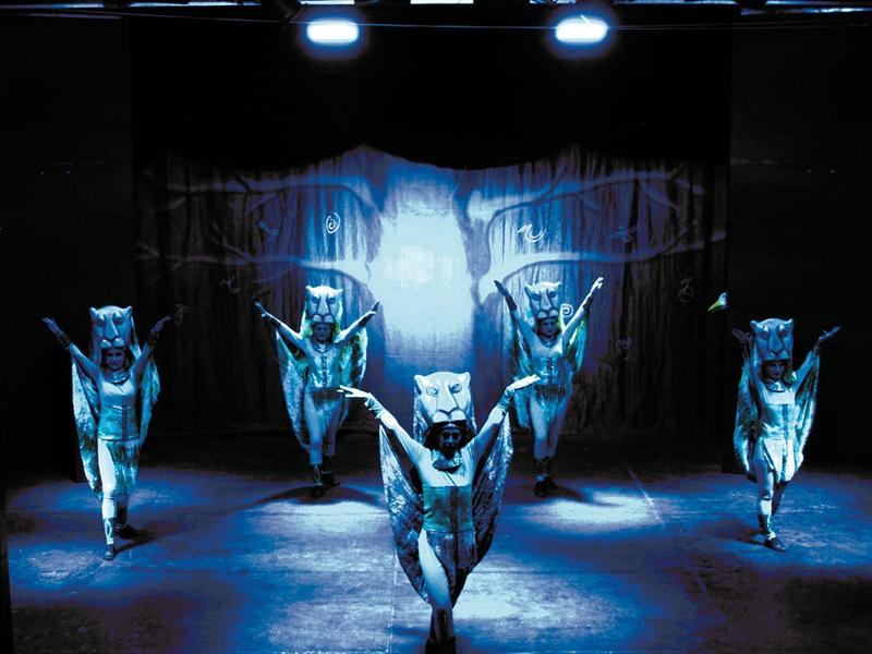 Vijf dansers in kattenkostuums voeren een theatershow uit met dramatische verlichting.