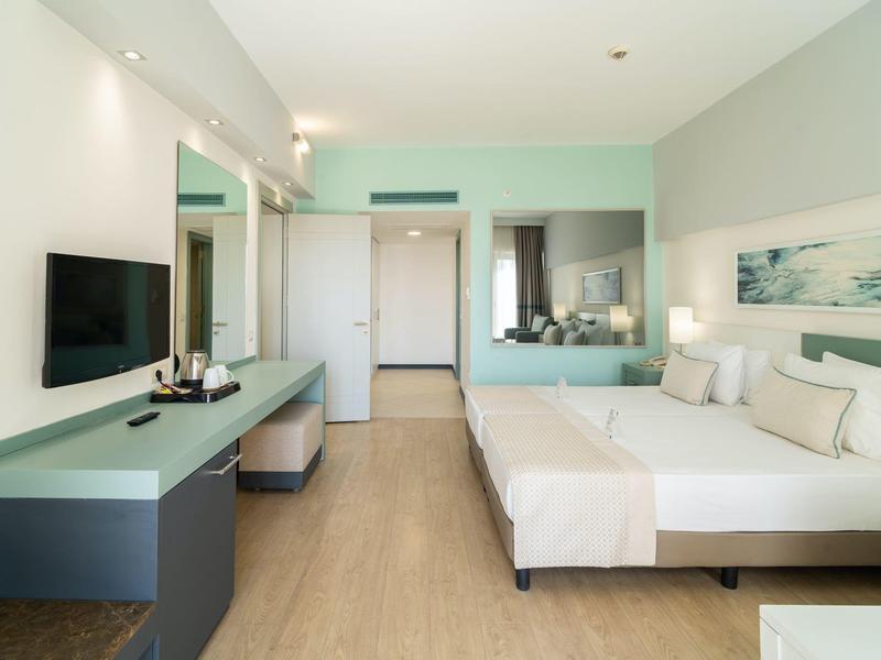 Modern hotel room with double bed, flat-screen TV, and desk.