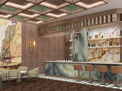 Bar d'hôtel moderne avec comptoir en marbre, tabourets de bar et coins salon confortables