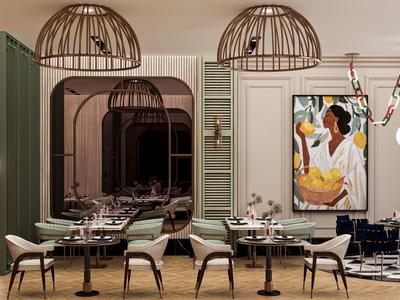 Restaurant élégant avec des abat-jours ronds et de l'art moderne au mur