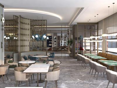 Espace lounge d'hôtel moderne avec fauteuils confortables, canapés et tables aux tons neutres.