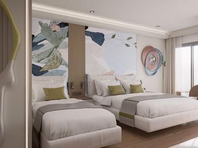 Modern hotel room with two beds, large mural, and big window with daylight.