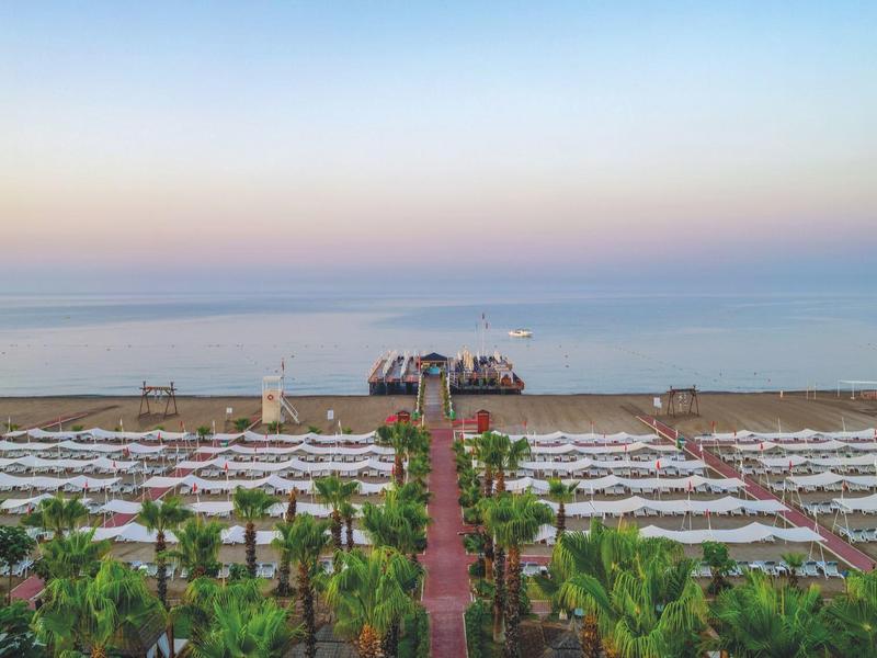 Vue d'une plage avec des transats et des palmiers au lever ou au coucher du soleil.