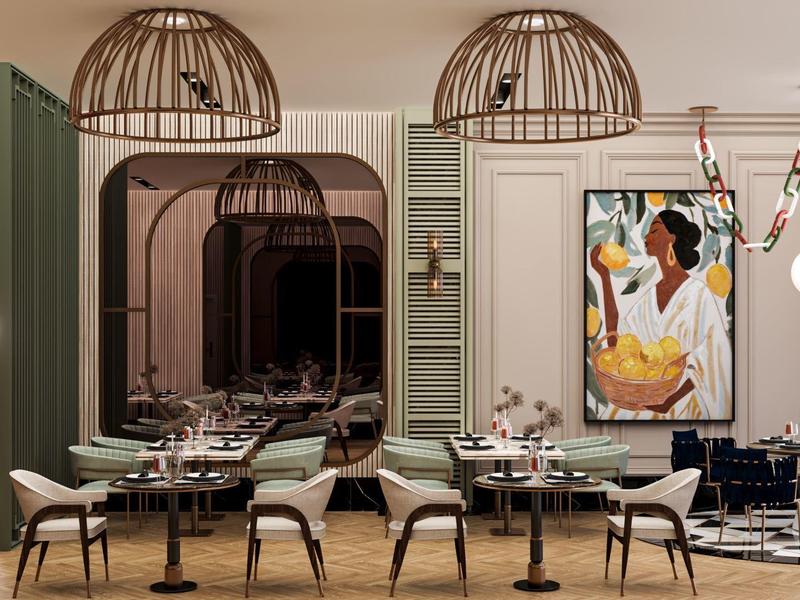 Restaurant élégant avec des abat-jours ronds et de l'art moderne au mur