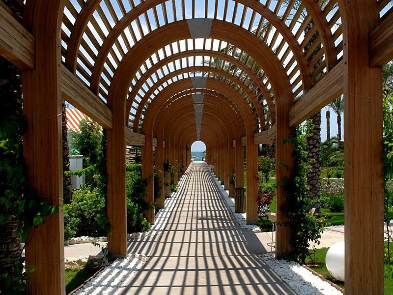 Pergola en bois avec motifs d'ombre sur un long chemin de jardin.
