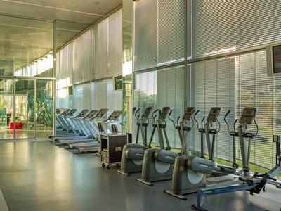 Nowoczesna siłownia z wieloma eliptykami i bieżniami przed dużymi oknami.