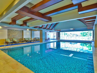Piscine intérieure chauffée avec poutres en bois et grandes fenêtres dans un hôtel.