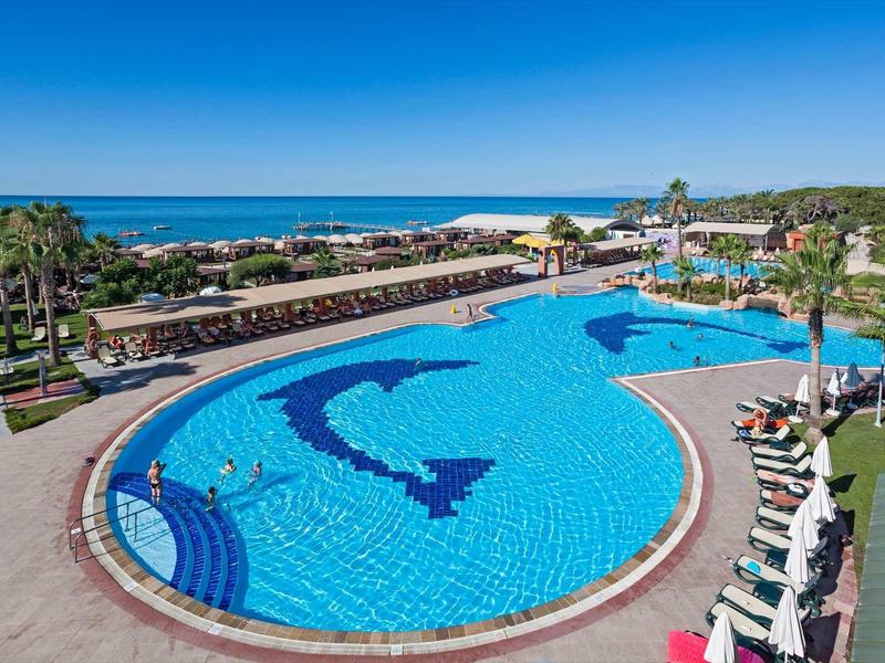 Großer Swimmingpool mit Delfinmuster, umgeben von Liegestühlen und Palmen am Meer.