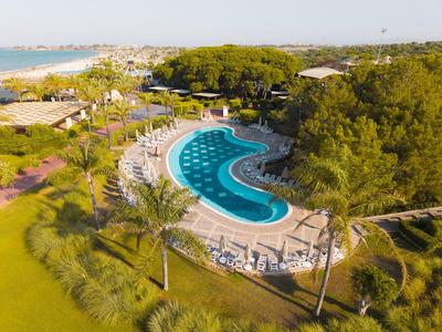 Large drop-shaped pool surrounded by sunbeds and palm trees near the beach.