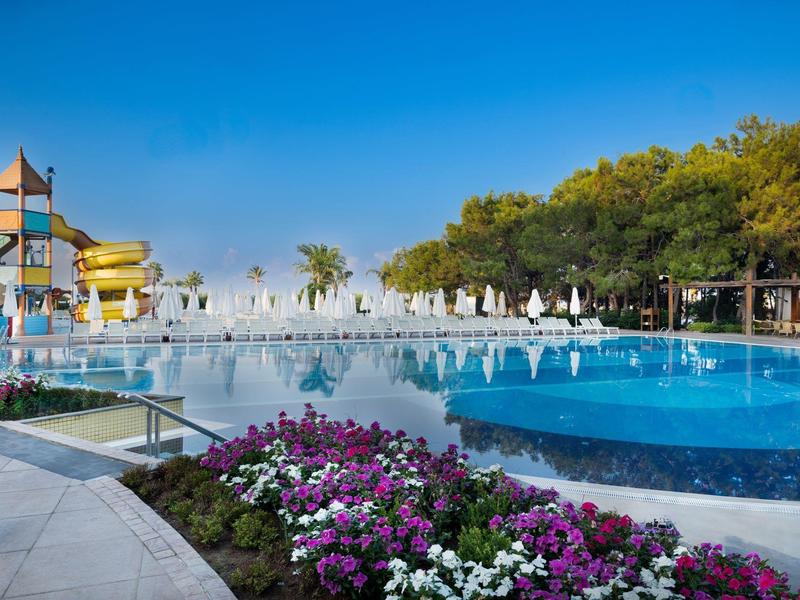 Swimming pool with slide, sun loungers, and flower decorations under clear blue sky.
