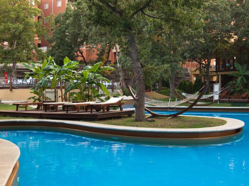 Pool with clear blue water, surrounded by trees and sun terrace with loungers.