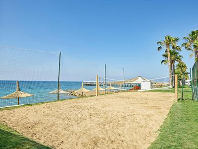 Strand mit Sand, Sonnenschirmen aus Stroh, Palmen und blauem Himmel am ruhigen Meer.