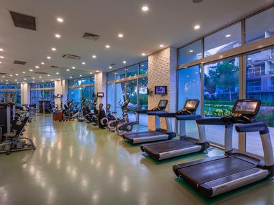 Großes Fitnessstudio mit vielen Laufbändern am Fenster und verschiedenen Trainingsgeräten.