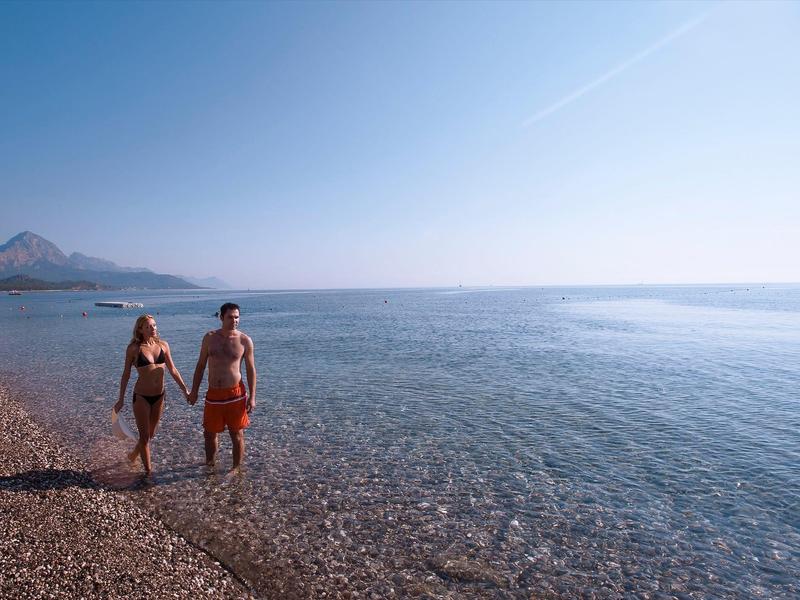 Stel hand in hand lopend op een rotsachtig strand bij kalme zee onder een heldere lucht.