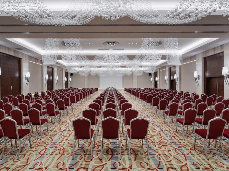 Grande sala conferenze con file di sedie rosse e moquette decorata.