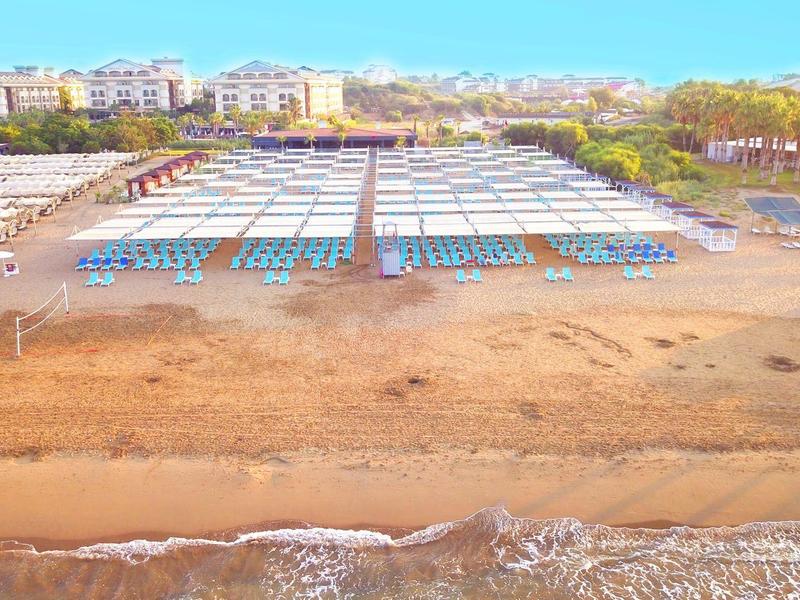 Spiaggia vuota con file di lettini e ombrelloni davanti a uno sfondo urbano.