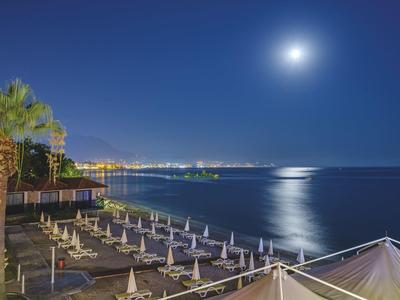 Plage paisible au bord de la mer la nuit, avec parasols et lune brillante.