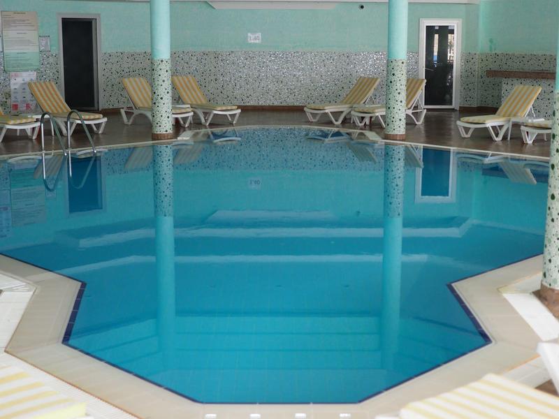 Obdélníkový krytý bazén s lehátky a sloupy ve wellness oblasti.