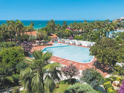 Großer Pool mit klarem Wasser, umgeben von Palmen und grünen Pflanzen am Meerufer.