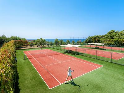 Dos pistas de tenis rojas con entorno verde y el mar visible al fondo.
