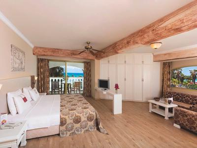 Geräumiges Hotelzimmer mit Doppelbett, Holzbalken, Balkon und moderner Einrichtung in warmen Farben.