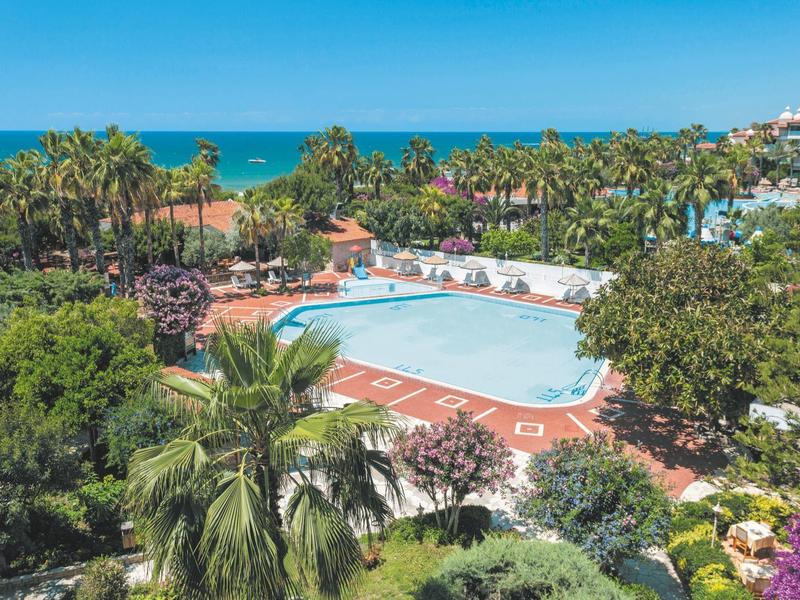 Großer Pool mit klarem Wasser, umgeben von Palmen und grünen Pflanzen am Meerufer.