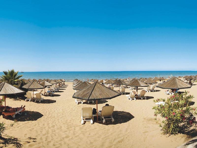 Großer Sandstrand mit vielen Sonnenschirmen und Liegestühlen unter klarem blauem Himmel.