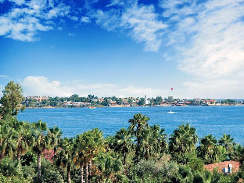 Blick auf blaues Meer mit Palmen im Vordergrund und Stadt am Horizont unter blauem Himmel.