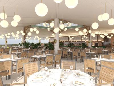 Gran comedor moderno con muchas mesas y luces blancas en forma de globos en el techo.