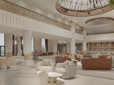 Amplia y luminosa recepción de hotel con sillones cómodos, sofás y ventana circular en el techo.