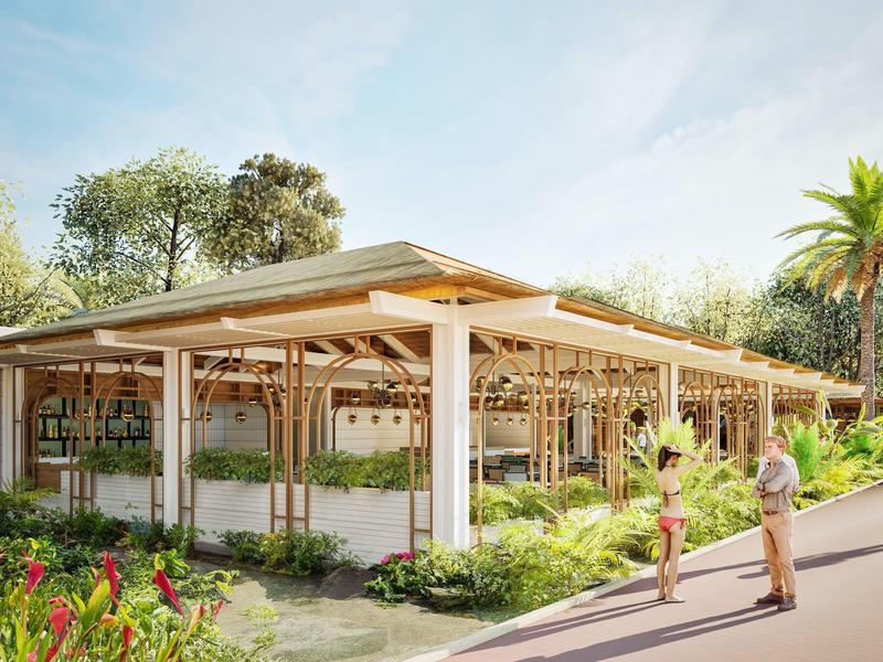 Edificio moderno de restaurante al aire libre en un entorno tropical rodeado de vegetación.