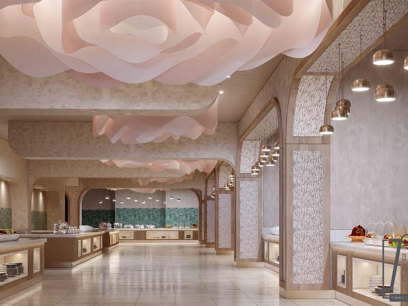 Amplio comedor elegante con iluminación decorativa en el techo y grandes ventanales.