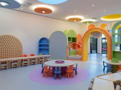 Stanza giochi colorata con piccolo tavolo al centro e luci al soffitto curve.