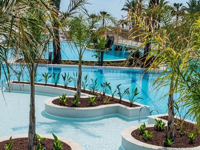 Piscine avec petites îles et palmiers dans une eau claire sous un ciel bleu.