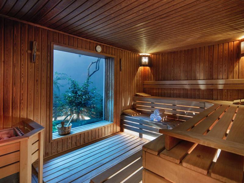 Saunaruimte met houten banken, groot raam en planten in hotel